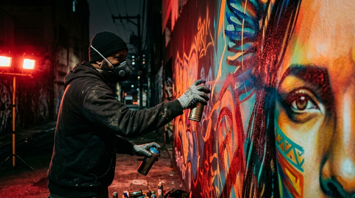 Grafiteiro em frente ao mural